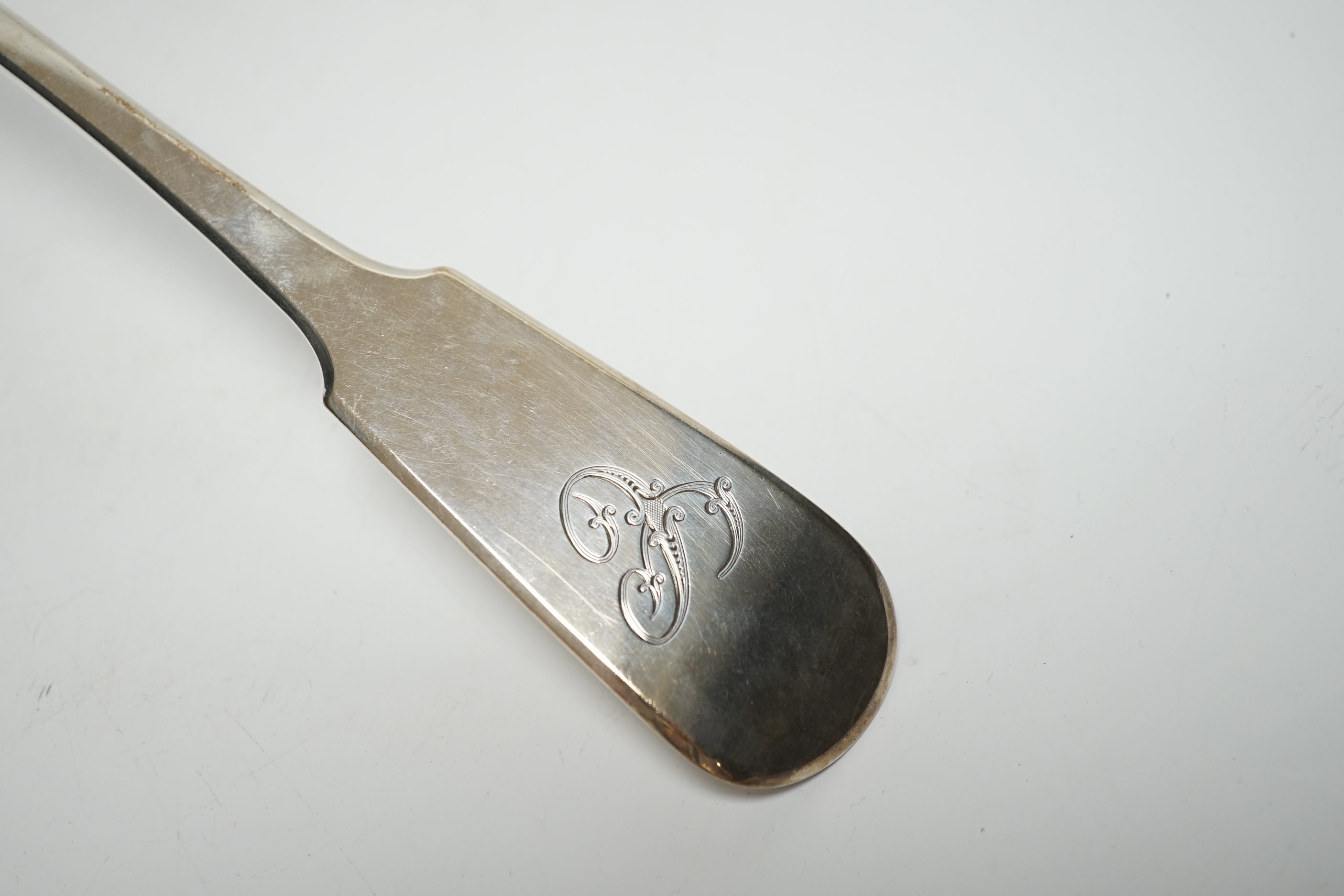 A William IV silver fiddle pattern soup ladle, W.B. , London, 1831, 32.8cm, 8oz.